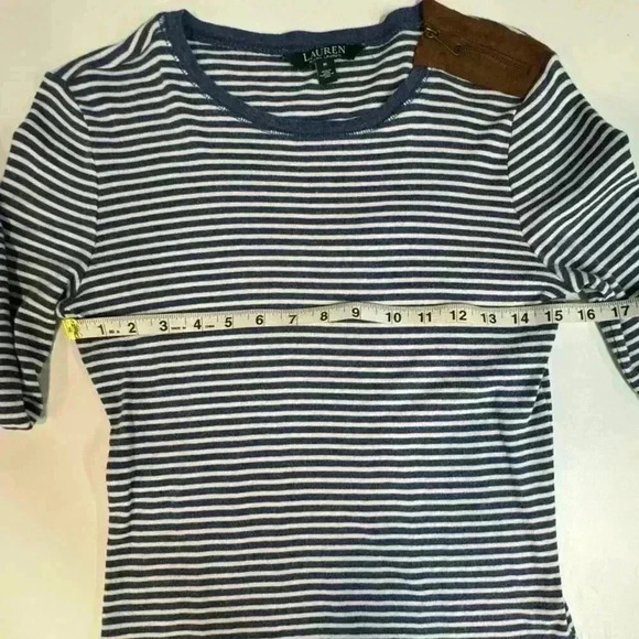 Lauren by Ralph Lauren Soft Cotton Blue/White Stripe Top with suede patch elbow - Picture 8 of 11
